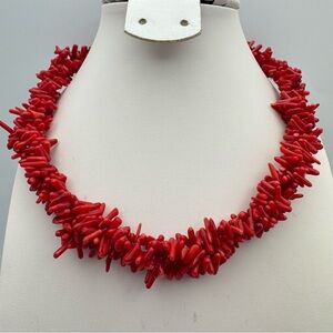 Red Coral Chip Statement Necklace Adjustable Bold Beaded Collar